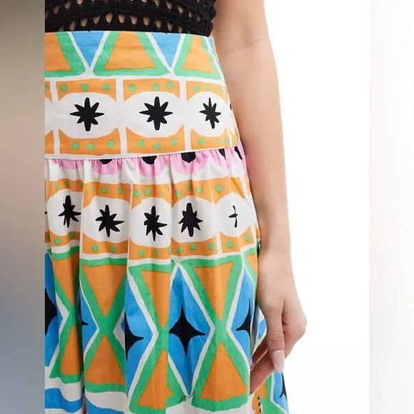 Colorful Geometric Dropped Waist Cotton Poplin Patterned Maxi Skirt - Picture 2 of 6
